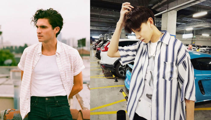 Khi phối áo sơ mi với áo thun nam nên tuân thủ theo nguyên tắc họa tiết “một trong hai”.