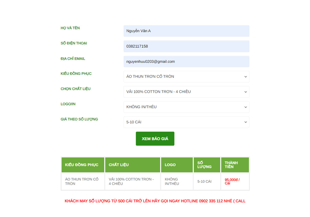 Bảng giá may áo thun trơn giá sỉ vải cotton từ 5 - 10 cái