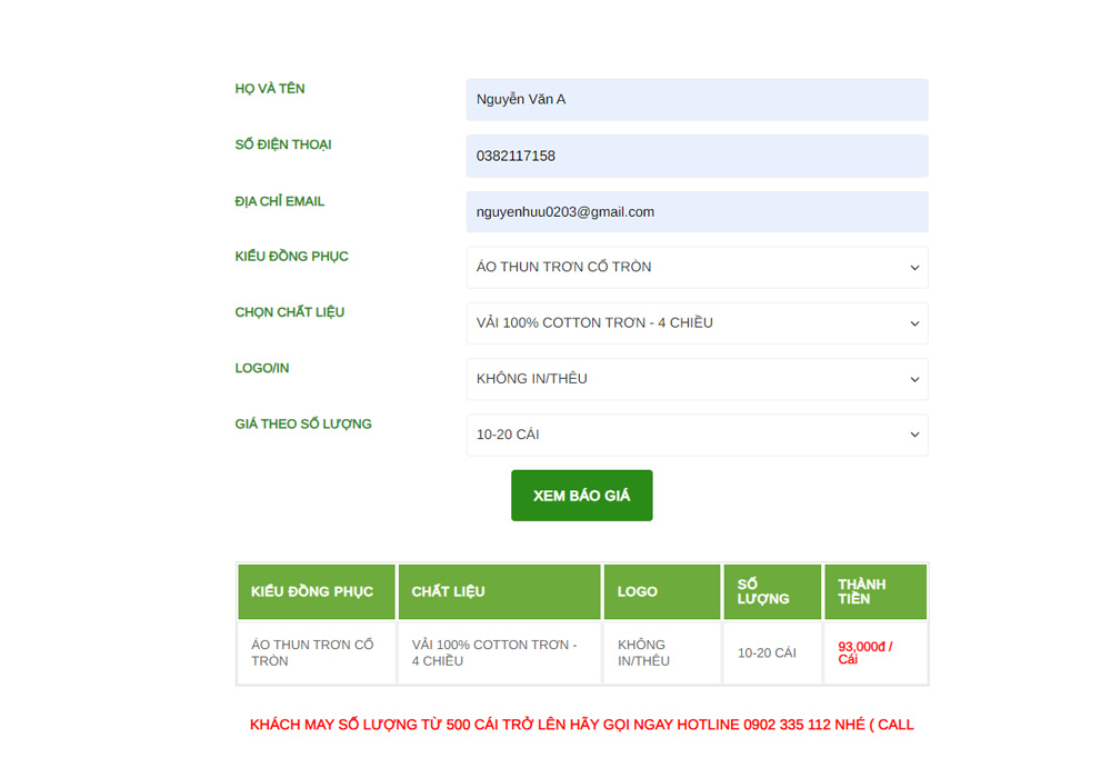 Bảng giá may áo thun trơn giá sỉ vải cotton từ 10 - 20 cái