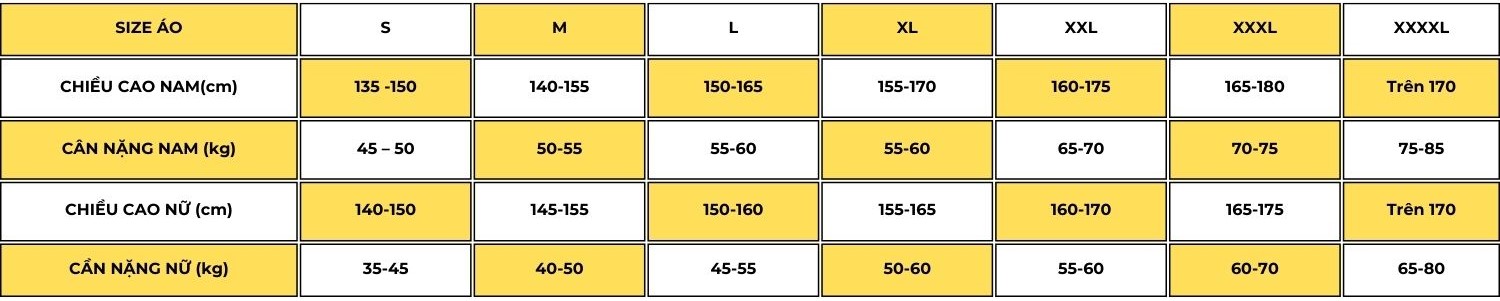Bảng size may áo cờ đỏ sao vàng cho người lớn