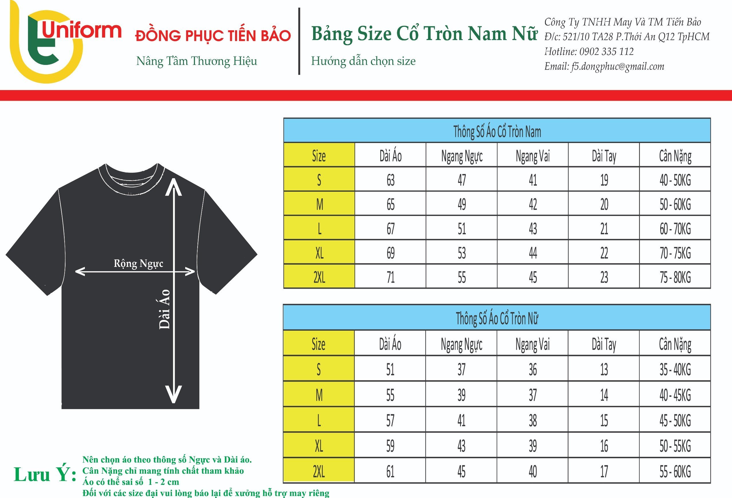 Bảng size áo cổ tròn nam